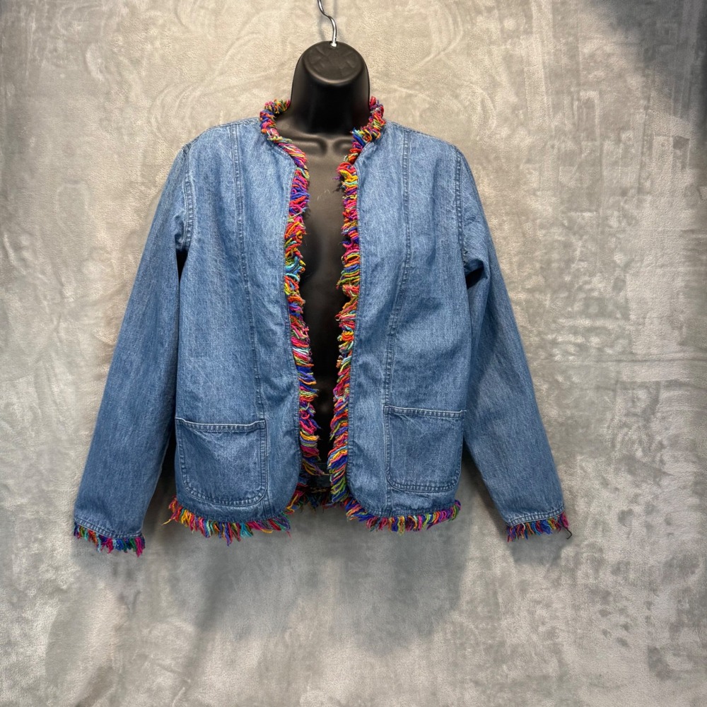 Breckenridge Womens Small Denim Open Front Jacket Rainbow Fringe Blue‎ Boho